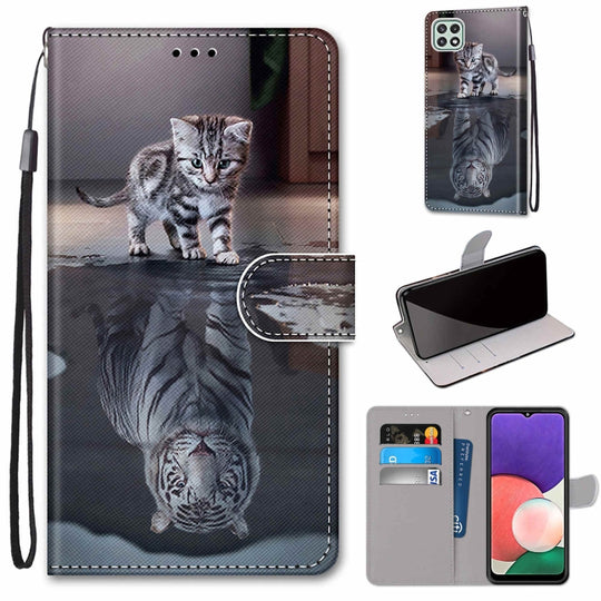 For Samsung Galaxy A22 5G Coloured Drawing Cross Texture Horizontal Flip PU Leather Case with Holder & Card Slots & Wallet & Lanyard(Cat Becomes Tiger)