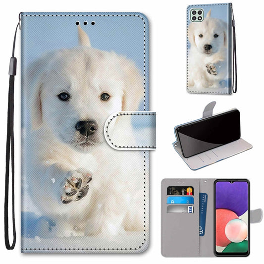 For Samsung Galaxy A22 5G Coloured Drawing Cross Texture Horizontal Flip PU Leather Case with Holder & Card Slots & Wallet & Lanyard(Snow Puppy) by buy2fix
