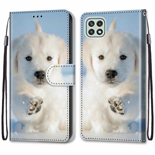 For Samsung Galaxy A22 5G Coloured Drawing Cross Texture Horizontal Flip PU Leather Case with Holder & Card Slots & Wallet & Lanyard(Snow Puppy) by buy2fix