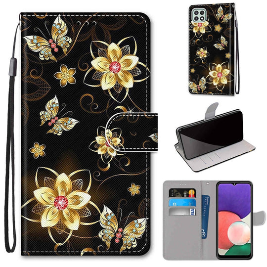 For Samsung Galaxy A22 5G Coloured Drawing Cross Texture Horizontal Flip PU Leather Case with Holder & Card Slots & Wallet & Lanyard(Gold Diamond Butterfly)