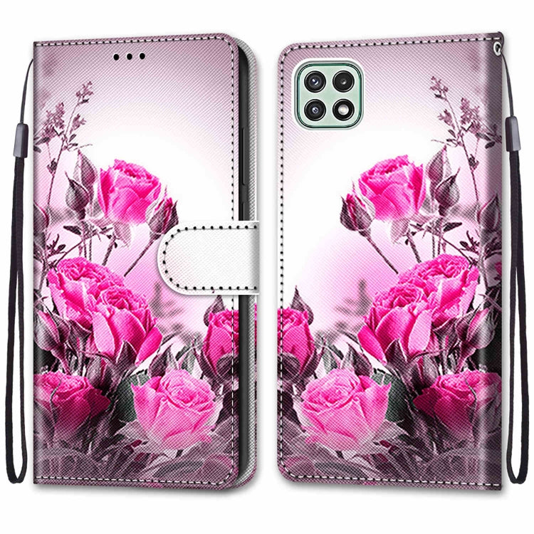 For Samsung Galaxy A22 5G Coloured Drawing Cross Texture Horizontal Flip PU Leather Case with Holder & Card Slots & Wallet & Lanyard(Wild Rose) by buy2fix