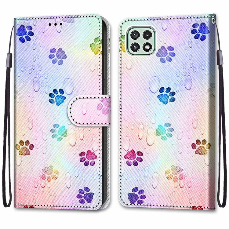 For Samsung Galaxy A22 5G Coloured Drawing Cross Texture Horizontal Flip PU Leather Case with Holder & Card Slots & Wallet & Lanyard(Footprint Water Drops) by buy2fix
