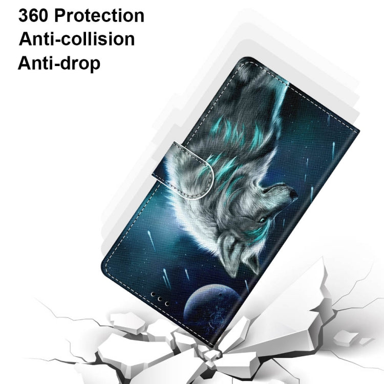 For Samsung Galaxy A22 5G Coloured Drawing Cross Texture Horizontal Flip PU Leather Case with Holder & Card Slots & Wallet & Lanyard(Pensive Wolf) by buy2fix