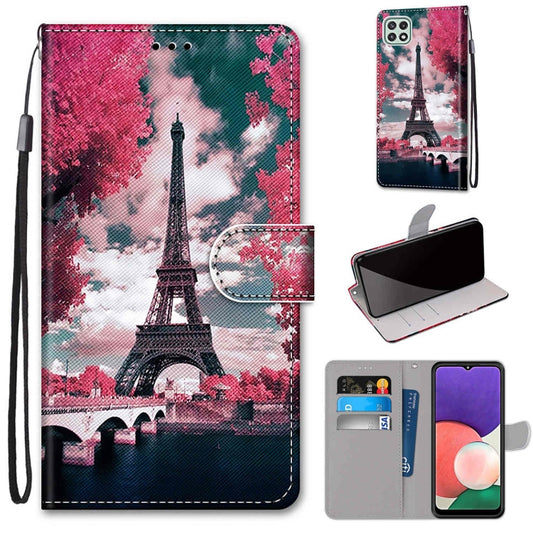 For Samsung Galaxy A22 5G Coloured Drawing Cross Texture Horizontal Flip PU Leather Case with Holder & Card Slots & Wallet & Lanyard(Pink Flower Tower Bridge) by buy2fix