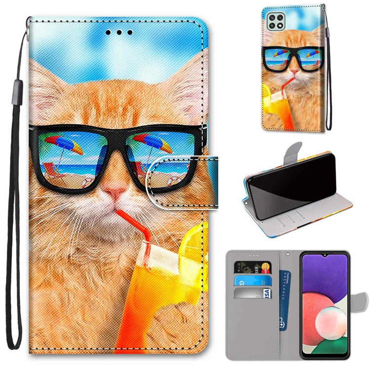 For Samsung Galaxy A22 5G Coloured Drawing Cross Texture Horizontal Flip PU Leather Case with Holder & Card Slots & Wallet & Lanyard(Cat Drinking Soda) by buy2fix