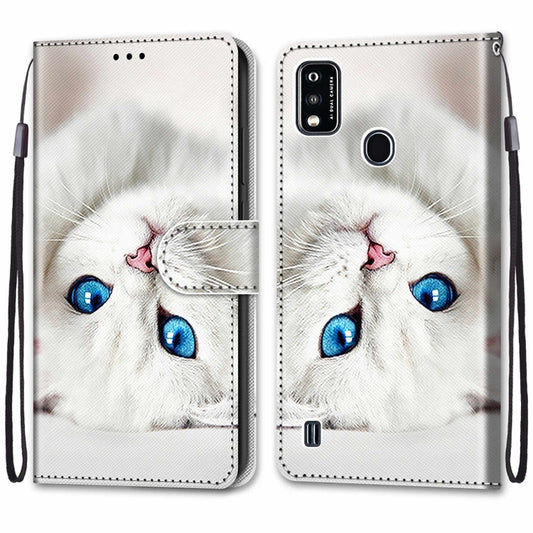 For ZTE Blade A51 Coloured Drawing Cross Texture Horizontal Flip PU Leather Case with Holder & Card Slots & Wallet & Lanyard(White Kitten) by buy2fix