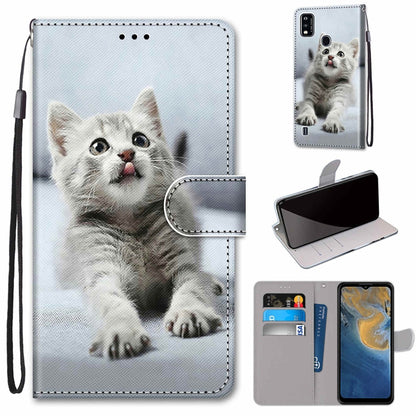 For ZTE Blade A51 Coloured Drawing Cross Texture Horizontal Flip PU Leather Case with Holder & Card Slots & Wallet & Lanyard(Small Gray Cat) - ZTE Cases by buy2fix | Online Shopping UK | buy2fix