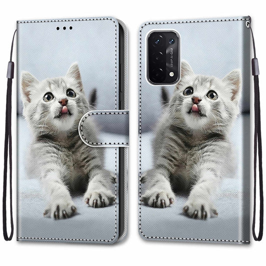 For OPPO A54 5G / A74 5G / A93 5G / A93s 5G Coloured Drawing Cross Texture Horizontal Flip PU Leather Case with Holder & Card Slots & Wallet & Lanyard(Small Gray Cat) by buy2fix