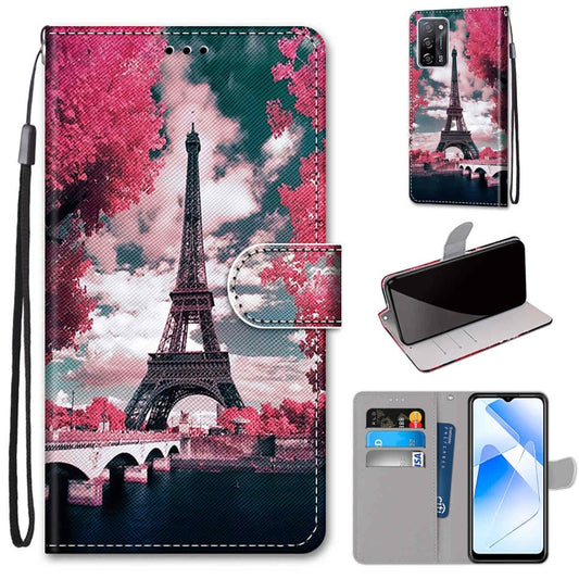 For OPPO A55 5G / A54 4G / A53s 5G / A16 4G Coloured Drawing Cross Texture Horizontal Flip PU Leather Case with Holder & Card Slots & Wallet & Lanyard(Pink Flower Tower Bridge) - OPPO Cases by buy2fix | Online Shopping UK | buy2fix