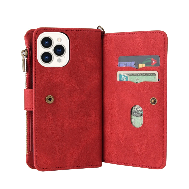 For iPhone 13 Pro Max Skin Feel PU + TPU Horizontal Flip Leather Case with Holder & 15 Cards Slot & Wallet & Zipper Pocket & Lanyard (Red) - iPhone 13 Pro Max Cases by buy2fix | Online Shopping UK | buy2fix