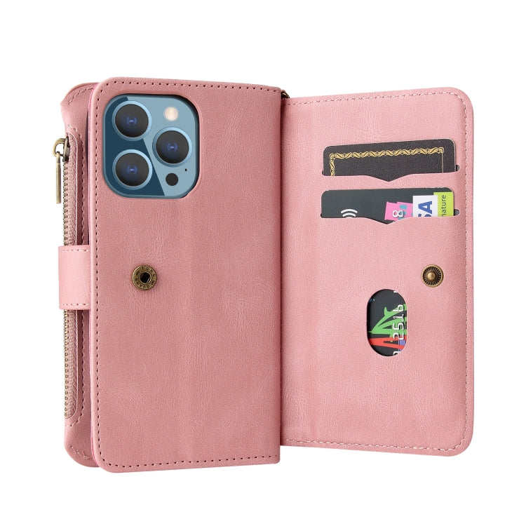 For iPhone 13 Pro Skin Feel PU + TPU Horizontal Flip Leather Case with Holder & 15 Cards Slot & Wallet & Zipper Pocket & Lanyard (Pink) - iPhone 13 Pro Cases by buy2fix | Online Shopping UK | buy2fix