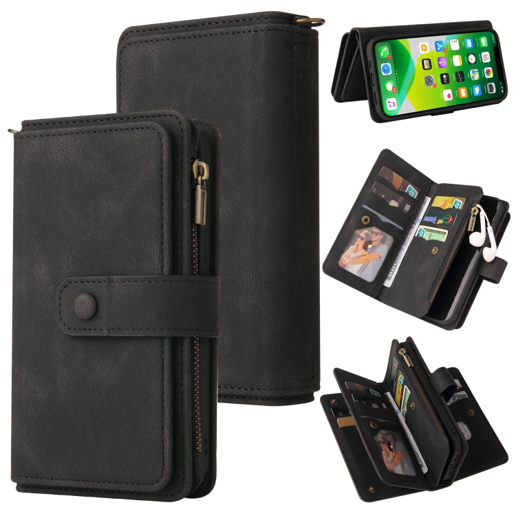 For iPhone 13 Skin Feel PU + TPU Horizontal Flip Leather Case with Holder & 15 Cards Slot & Wallet & Zipper Pocket & Lanyard(Black) - iPhone 13 Cases by buy2fix | Online Shopping UK | buy2fix