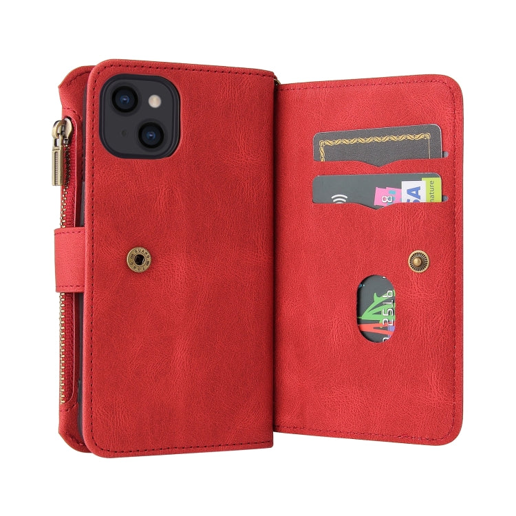 For iPhone 13 Skin Feel PU + TPU Horizontal Flip Leather Case with Holder & 15 Cards Slot & Wallet & Zipper Pocket & Lanyard(Red) - iPhone 13 Cases by buy2fix | Online Shopping UK | buy2fix