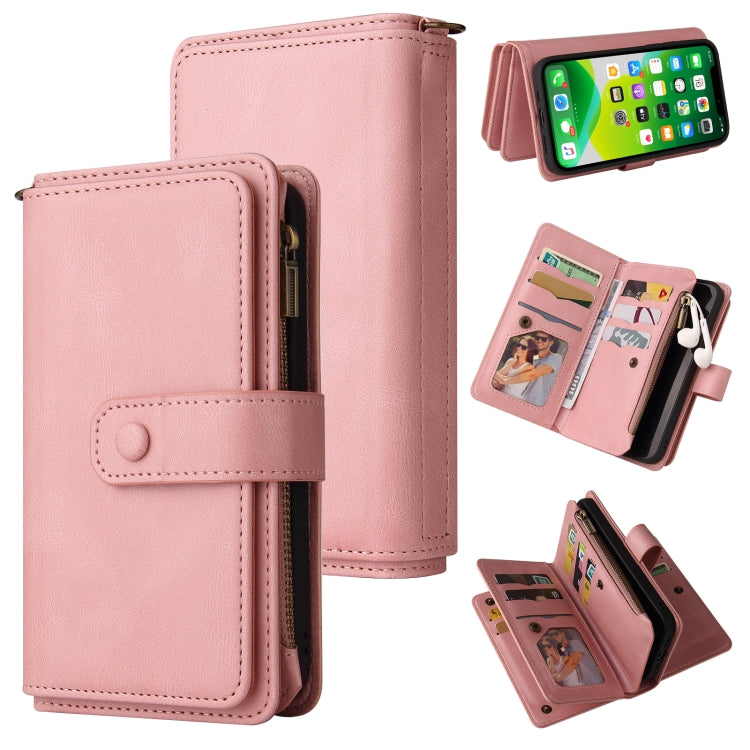 For iPhone 13 Skin Feel PU + TPU Horizontal Flip Leather Case with Holder & 15 Cards Slot & Wallet & Zipper Pocket & Lanyard(Pink) - iPhone 13 Cases by buy2fix | Online Shopping UK | buy2fix