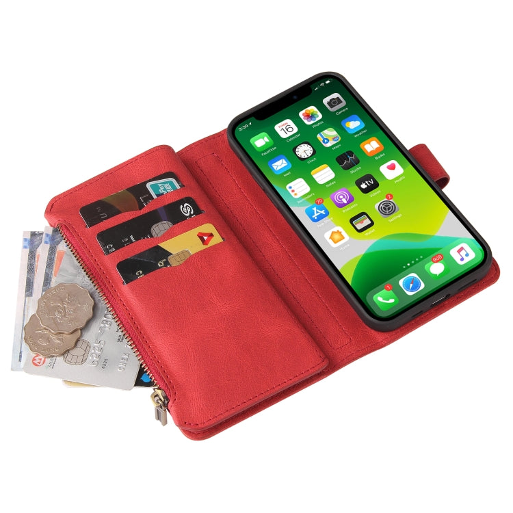 For iPhone 13 mini Skin Feel PU + TPU Horizontal Flip Leather Case with Holder & 15 Cards Slot & Wallet & Zipper Pocket & Lanyard (Red) - iPhone 13 mini Cases by buy2fix | Online Shopping UK | buy2fix