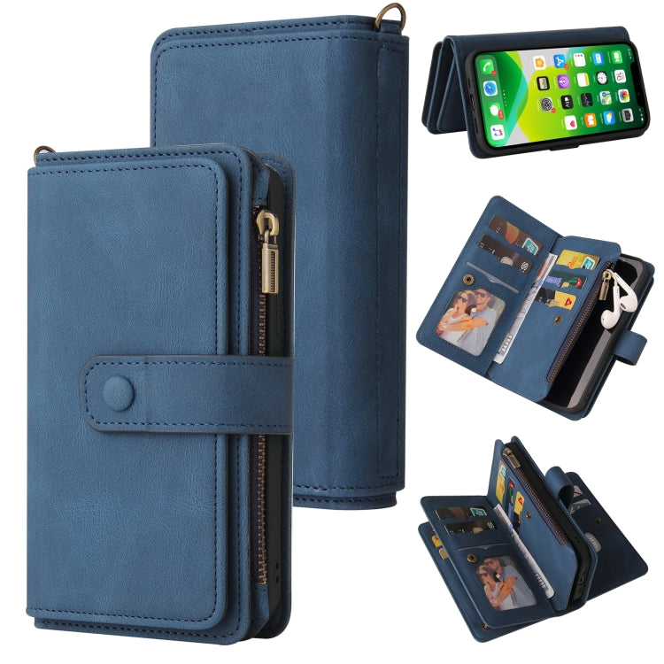 For iPhone 13 mini Skin Feel PU + TPU Horizontal Flip Leather Case with Holder & 15 Cards Slot & Wallet & Zipper Pocket & Lanyard (Blue) - iPhone 13 mini Cases by buy2fix | Online Shopping UK | buy2fix