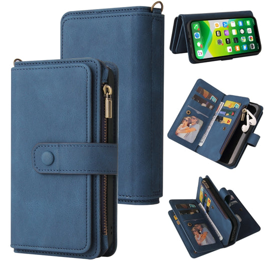 For iPhone 13 mini Skin Feel PU + TPU Horizontal Flip Leather Case with Holder & 15 Cards Slot & Wallet & Zipper Pocket & Lanyard (Blue) - iPhone 13 mini Cases by buy2fix | Online Shopping UK | buy2fix
