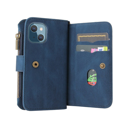 For iPhone 13 mini Skin Feel PU + TPU Horizontal Flip Leather Case with Holder & 15 Cards Slot & Wallet & Zipper Pocket & Lanyard (Blue) - iPhone 13 mini Cases by buy2fix | Online Shopping UK | buy2fix