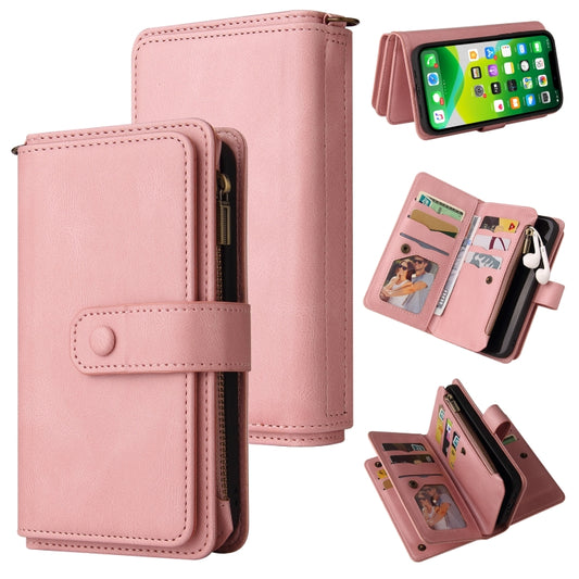 For iPhone 13 mini Skin Feel PU + TPU Horizontal Flip Leather Case with Holder & 15 Cards Slot & Wallet & Zipper Pocket & Lanyard (Pink) - iPhone 13 mini Cases by buy2fix | Online Shopping UK | buy2fix