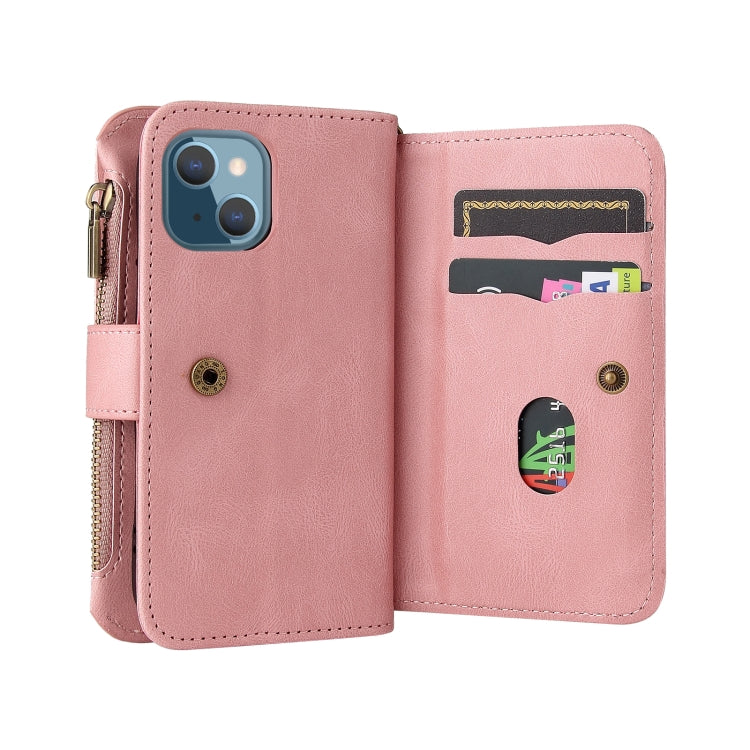 For iPhone 13 mini Skin Feel PU + TPU Horizontal Flip Leather Case with Holder & 15 Cards Slot & Wallet & Zipper Pocket & Lanyard (Pink) - iPhone 13 mini Cases by buy2fix | Online Shopping UK | buy2fix