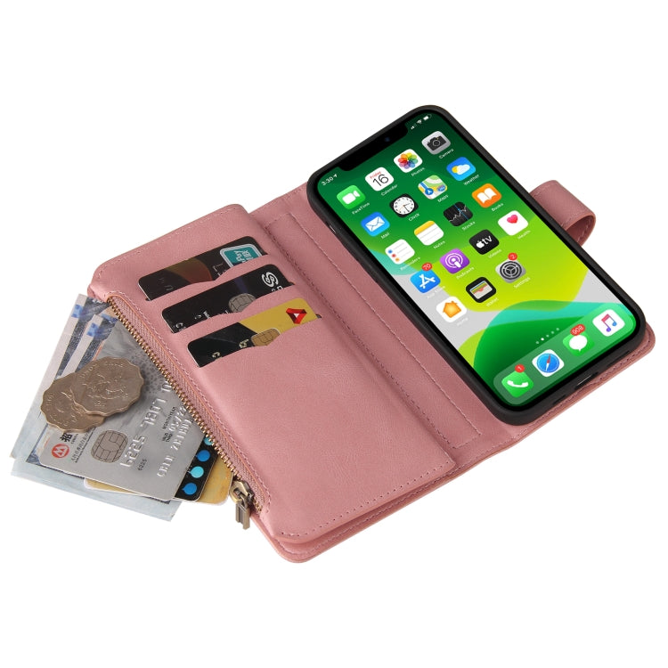 For iPhone 13 mini Skin Feel PU + TPU Horizontal Flip Leather Case with Holder & 15 Cards Slot & Wallet & Zipper Pocket & Lanyard (Pink) - iPhone 13 mini Cases by buy2fix | Online Shopping UK | buy2fix