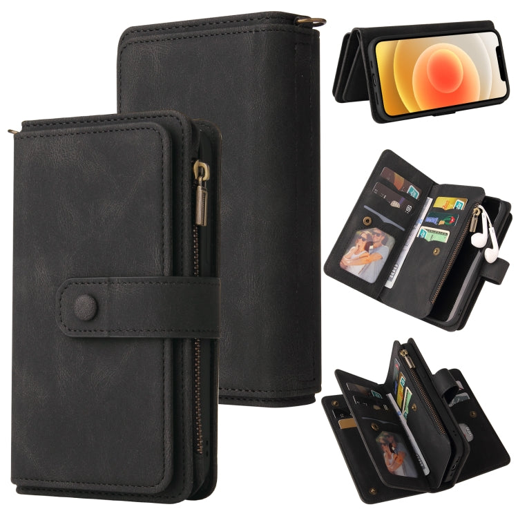 For iPhone 12 / 12 Pro Skin Feel PU + TPU Horizontal Flip Leather Case with Holder & 15 Cards Slot & Wallet & Zipper Pocket & Lanyard(Black) - iPhone 12 / 12 Pro Cases by buy2fix | Online Shopping UK | buy2fix