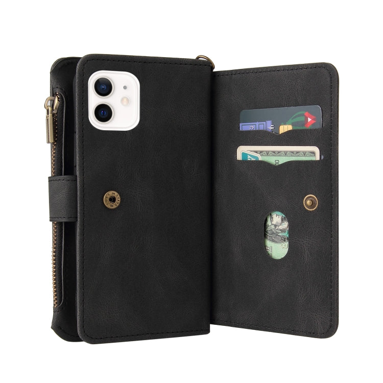 For iPhone 12 / 12 Pro Skin Feel PU + TPU Horizontal Flip Leather Case with Holder & 15 Cards Slot & Wallet & Zipper Pocket & Lanyard(Black) - iPhone 12 / 12 Pro Cases by buy2fix | Online Shopping UK | buy2fix