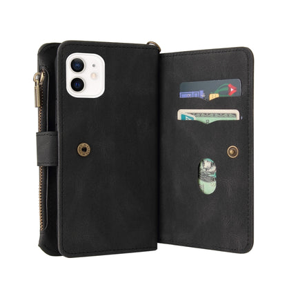 For iPhone 12 / 12 Pro Skin Feel PU + TPU Horizontal Flip Leather Case with Holder & 15 Cards Slot & Wallet & Zipper Pocket & Lanyard(Black) - iPhone 12 / 12 Pro Cases by buy2fix | Online Shopping UK | buy2fix