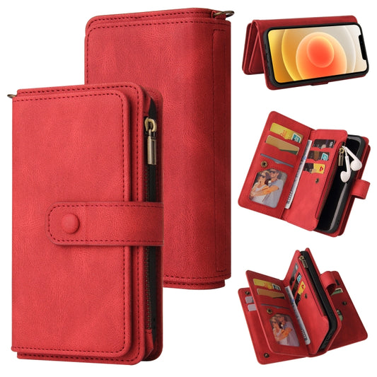 For iPhone 12 / 12 Pro Skin Feel PU + TPU Horizontal Flip Leather Case with Holder & 15 Cards Slot & Wallet & Zipper Pocket & Lanyard(Red) - iPhone 12 / 12 Pro Cases by buy2fix | Online Shopping UK | buy2fix
