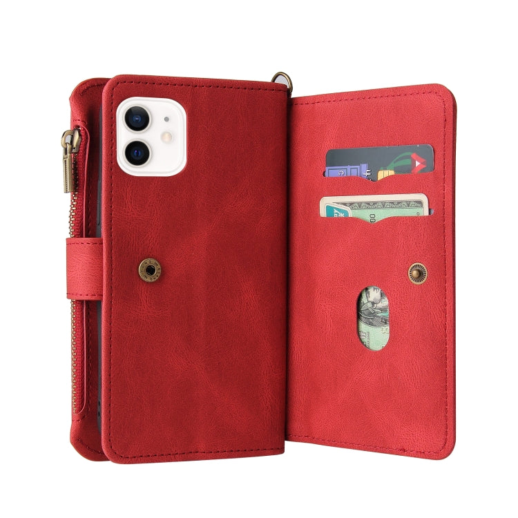 For iPhone 12 / 12 Pro Skin Feel PU + TPU Horizontal Flip Leather Case with Holder & 15 Cards Slot & Wallet & Zipper Pocket & Lanyard(Red) - iPhone 12 / 12 Pro Cases by buy2fix | Online Shopping UK | buy2fix