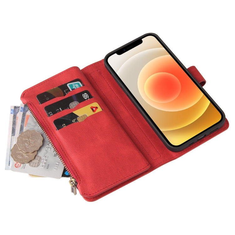 For iPhone 12 / 12 Pro Skin Feel PU + TPU Horizontal Flip Leather Case with Holder & 15 Cards Slot & Wallet & Zipper Pocket & Lanyard(Red) - iPhone 12 / 12 Pro Cases by buy2fix | Online Shopping UK | buy2fix