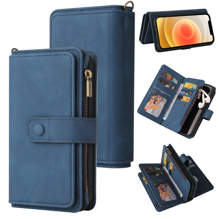 For iPhone 12 / 12 Pro Skin Feel PU + TPU Horizontal Flip Leather Case with Holder & 15 Cards Slot & Wallet & Zipper Pocket & Lanyard(Blue) - iPhone 12 / 12 Pro Cases by buy2fix | Online Shopping UK | buy2fix
