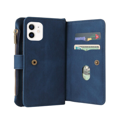 For iPhone 12 / 12 Pro Skin Feel PU + TPU Horizontal Flip Leather Case with Holder & 15 Cards Slot & Wallet & Zipper Pocket & Lanyard(Blue) - iPhone 12 / 12 Pro Cases by buy2fix | Online Shopping UK | buy2fix