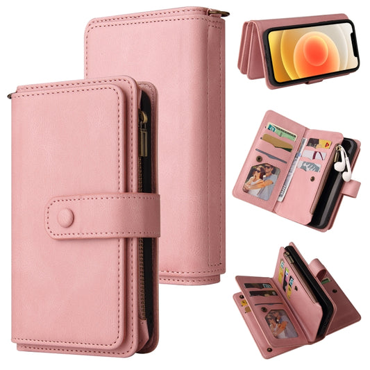 For iPhone 12 / 12 Pro Skin Feel PU + TPU Horizontal Flip Leather Case with Holder & 15 Cards Slot & Wallet & Zipper Pocket & Lanyard(Pink) - iPhone 12 / 12 Pro Cases by buy2fix | Online Shopping UK | buy2fix