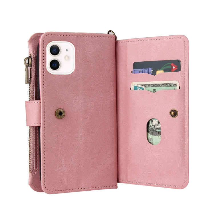 For iPhone 12 / 12 Pro Skin Feel PU + TPU Horizontal Flip Leather Case with Holder & 15 Cards Slot & Wallet & Zipper Pocket & Lanyard(Pink) - iPhone 12 / 12 Pro Cases by buy2fix | Online Shopping UK | buy2fix