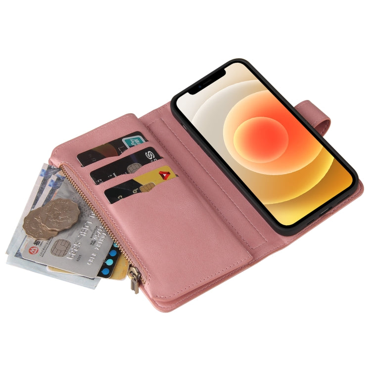 For iPhone 12 / 12 Pro Skin Feel PU + TPU Horizontal Flip Leather Case with Holder & 15 Cards Slot & Wallet & Zipper Pocket & Lanyard(Pink) - iPhone 12 / 12 Pro Cases by buy2fix | Online Shopping UK | buy2fix