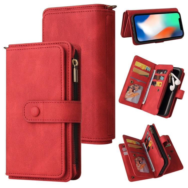 For iPhone X / XS Skin Feel PU + TPU Horizontal Flip Leather Case with Holder & 15 Cards Slot & Wallet & Zipper Pocket & Lanyard(Red) - More iPhone Cases by buy2fix | Online Shopping UK | buy2fix