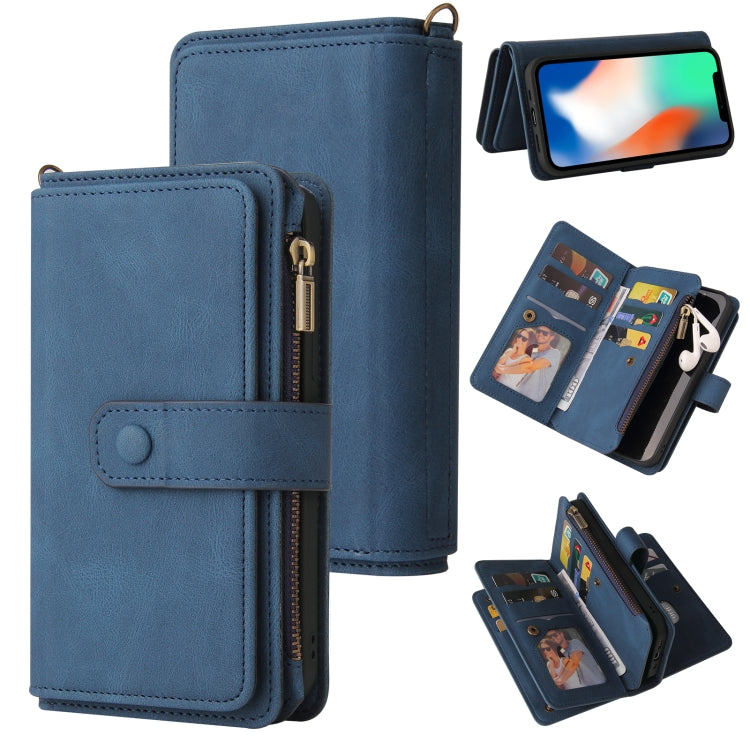 For iPhone X / XS Skin Feel PU + TPU Horizontal Flip Leather Case with Holder & 15 Cards Slot & Wallet & Zipper Pocket & Lanyard(Blue) - More iPhone Cases by buy2fix | Online Shopping UK | buy2fix