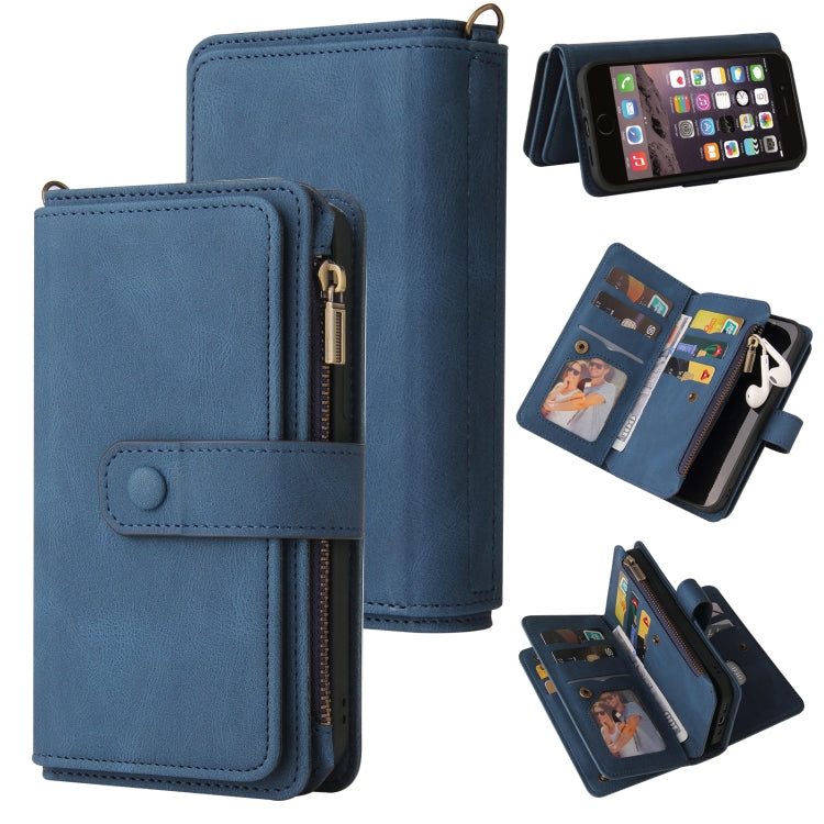 For iPhone SE 2022 / SE 2020 / 8 / 7 Skin Feel PU + TPU Horizontal Flip Leather Case with Holder & 15 Cards Slot & Wallet & Zipper Pocket & Lanyard(Blue) - iPhone SE 2022 / 2020 / 8 / 7 Cases by buy2fix | Online Shopping UK | buy2fix