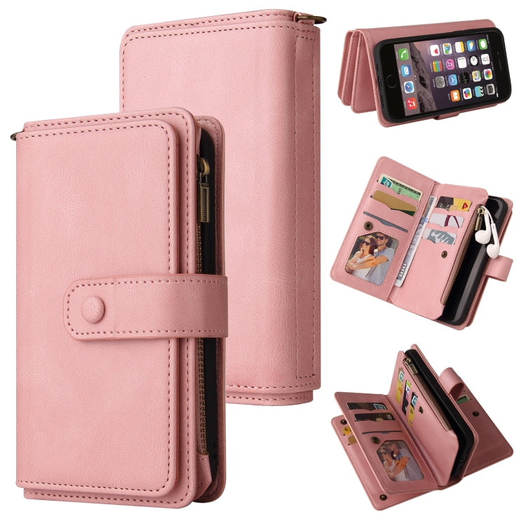 For iPhone SE 2022 / SE 2020 / 8 / 7 Skin Feel PU + TPU Horizontal Flip Leather Case with Holder & 15 Cards Slot & Wallet & Zipper Pocket & Lanyard(Pink) - iPhone SE 2022 / 2020 / 8 / 7 Cases by buy2fix | Online Shopping UK | buy2fix