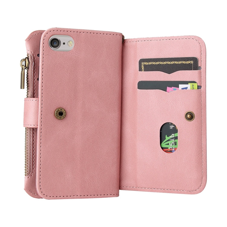 For iPhone SE 2022 / SE 2020 / 8 / 7 Skin Feel PU + TPU Horizontal Flip Leather Case with Holder & 15 Cards Slot & Wallet & Zipper Pocket & Lanyard(Pink) - iPhone SE 2022 / 2020 / 8 / 7 Cases by buy2fix | Online Shopping UK | buy2fix