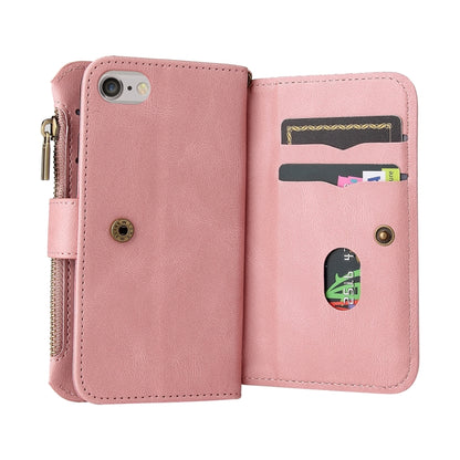 For iPhone SE 2022 / SE 2020 / 8 / 7 Skin Feel PU + TPU Horizontal Flip Leather Case with Holder & 15 Cards Slot & Wallet & Zipper Pocket & Lanyard(Pink) - iPhone SE 2022 / 2020 / 8 / 7 Cases by buy2fix | Online Shopping UK | buy2fix