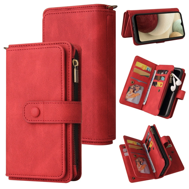 For Samsung Galaxy A12 5G Skin Feel PU + TPU Horizontal Flip Leather Case with Holder & 15 Cards Slot & Wallet & Zipper Pocket & Lanyard(Red) by buy2fix