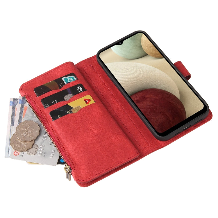 For Samsung Galaxy A12 5G Skin Feel PU + TPU Horizontal Flip Leather Case with Holder & 15 Cards Slot & Wallet & Zipper Pocket & Lanyard(Red) by buy2fix