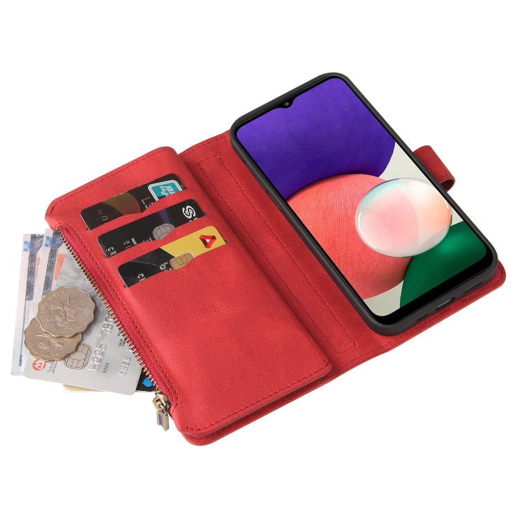 For Samsung Galaxy A22 5G Skin Feel PU + TPU Horizontal Flip Leather Case with Holder & 15 Cards Slot & Wallet & Zipper Pocket & Lanyard(Red) by buy2fix