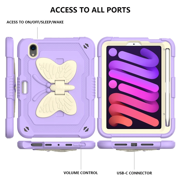 For iPad mini 6 Beige PC + Silicone Anti-drop Protective Tablet Case with Butterfly Shape Holder & Pen Slot(Beige + Light Purple) - iPad mini 6 Cases by buy2fix | Online Shopping UK | buy2fix