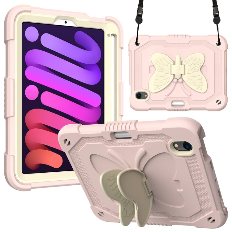 For iPad mini 6 / mini 2024 Beige PC + Silicone Anti-drop Protective Tablet Case with Butterfly Shape Holder & Pen Slot(Beige + Rose Pink) - iPad mini 6 Cases by buy2fix | Online Shopping UK | buy2fix