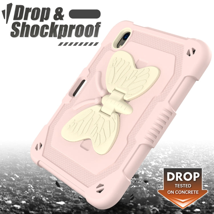 For iPad mini 6 / mini 2024 Beige PC + Silicone Anti-drop Protective Tablet Case with Butterfly Shape Holder & Pen Slot(Beige + Rose Pink) - iPad mini 6 Cases by buy2fix | Online Shopping UK | buy2fix