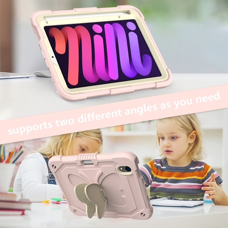 For iPad mini 6 / mini 2024 Beige PC + Silicone Anti-drop Protective Tablet Case with Butterfly Shape Holder & Pen Slot(Beige + Rose Pink) - iPad mini 6 Cases by buy2fix | Online Shopping UK | buy2fix