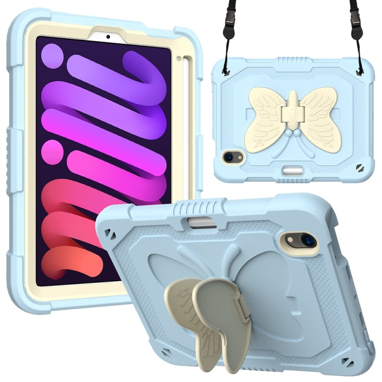 For iPad mini 6 / mini 2024 Beige PC + Silicone Anti-drop Protective Tablet Case with Butterfly Shape Holder & Pen Slot(Beige + Ice Crystal Blue) - iPad mini 6 Cases by buy2fix | Online Shopping UK | buy2fix